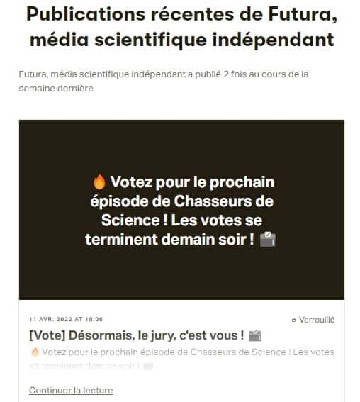 Un aperçu d'une publication sur Patreon : votez pour le prochain épisode de Chasseurs de Science